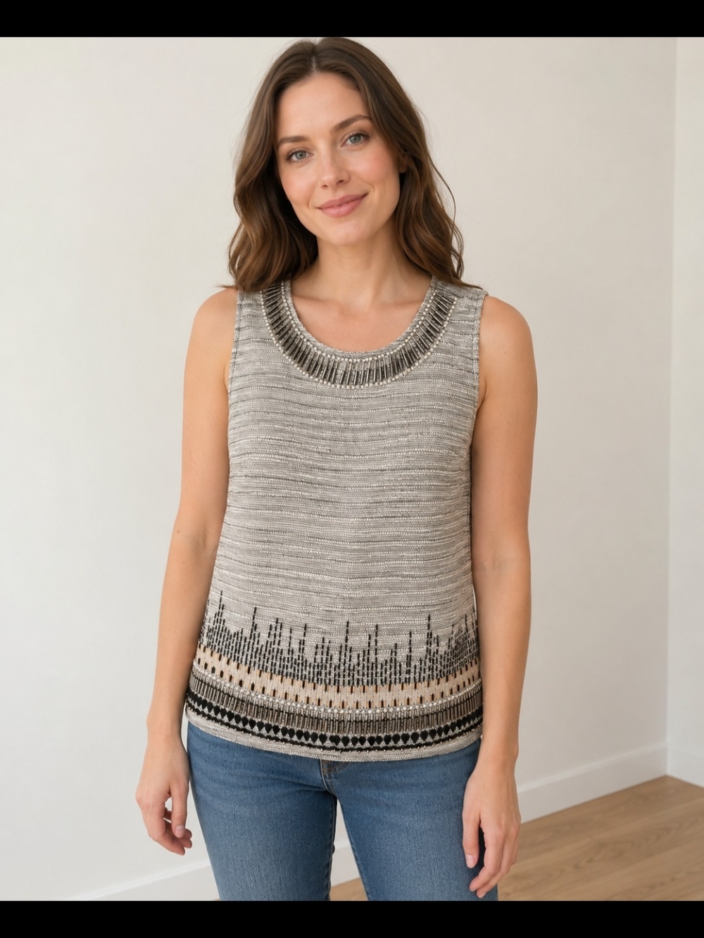 english rose Beaded-Neck Knit Tank in Light Gray with Black & Cream Accents